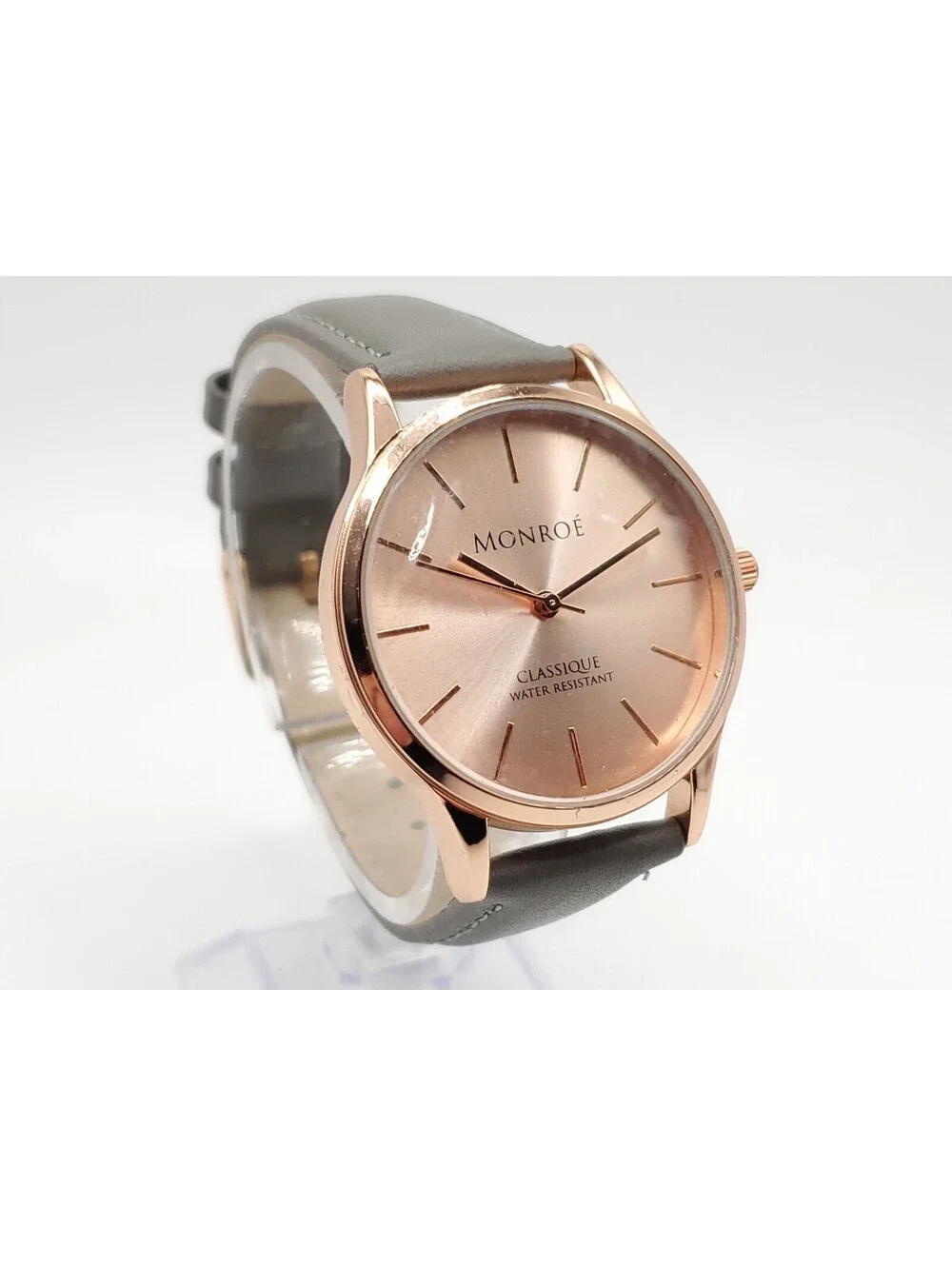 Monroe Classique Quartz Watch New Battery Rose Gold Tone Gray Band 36mm